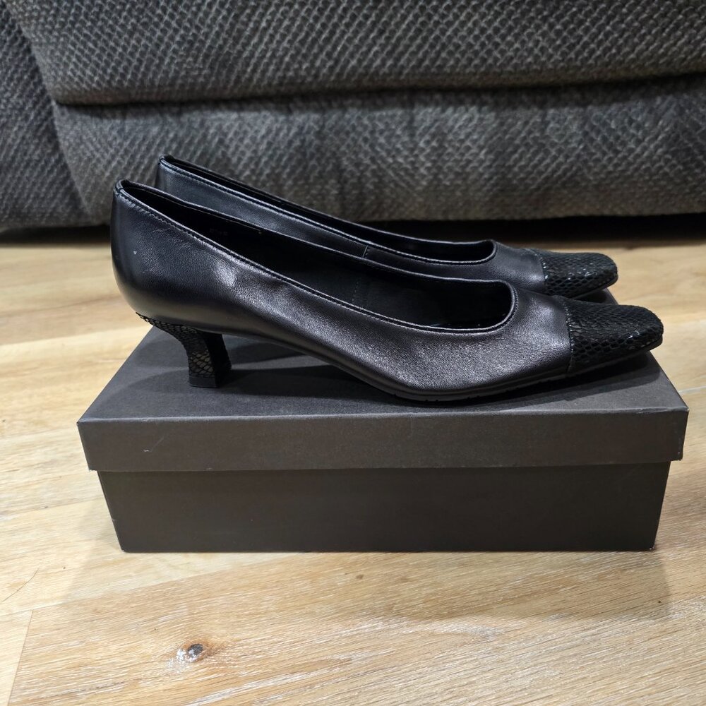 Mezzo by Vaneli Rickie Black Leather Cap Toe Pumps Womens 8.5 Slim Heel